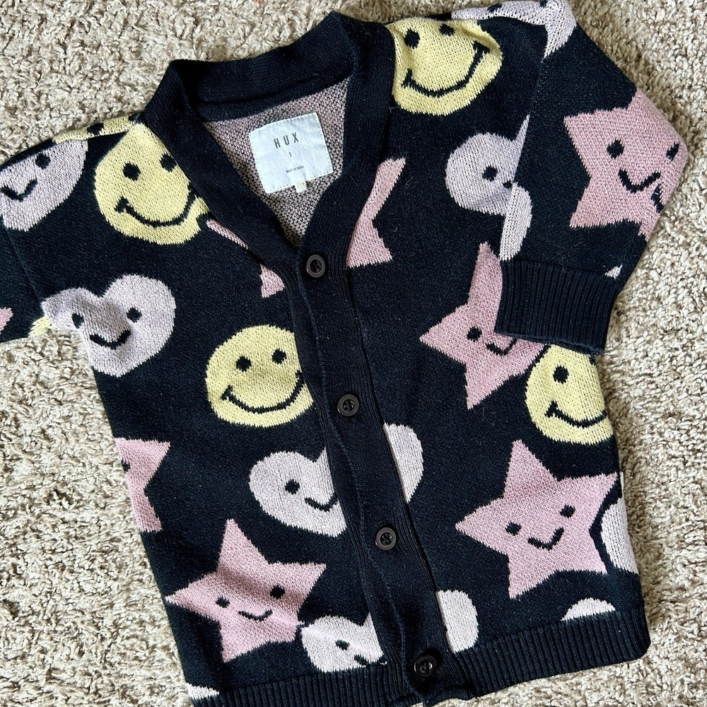 HUX Kids I Black Smiley Star Heart Print Button Up Cardigan Sweater I Size 1‎
